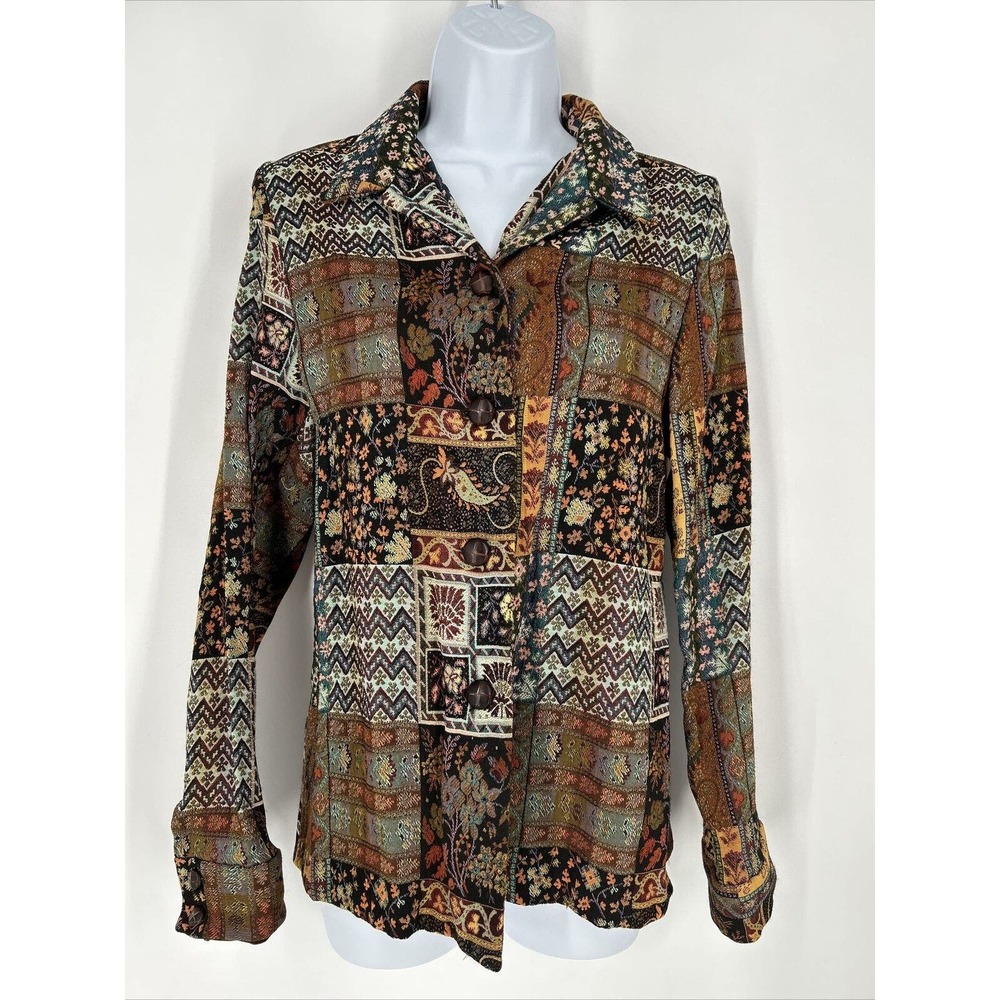 COLDWATER CREEK Vintage Floral Artsy Tapestry Button Down Shirt Jacket Boho Sz M